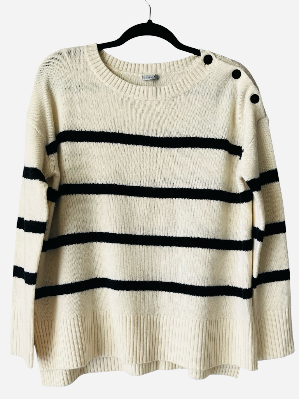 Jigsaw 100% Wool Button-Shoulder Striped Soft Sweater M Ivory/Black — image 2 of 7